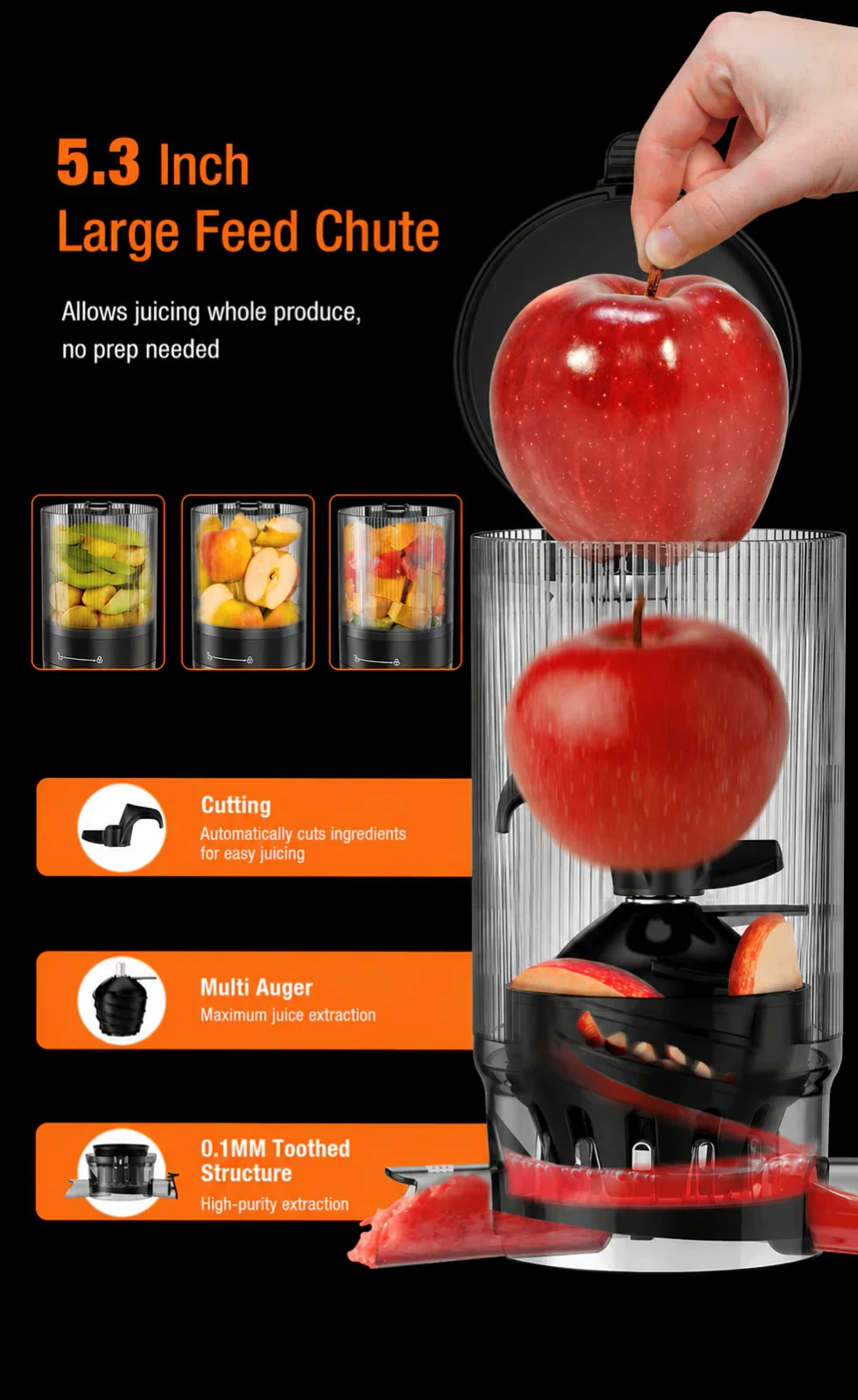 Megameet MSJ219 wide feeding chute with fresh orange